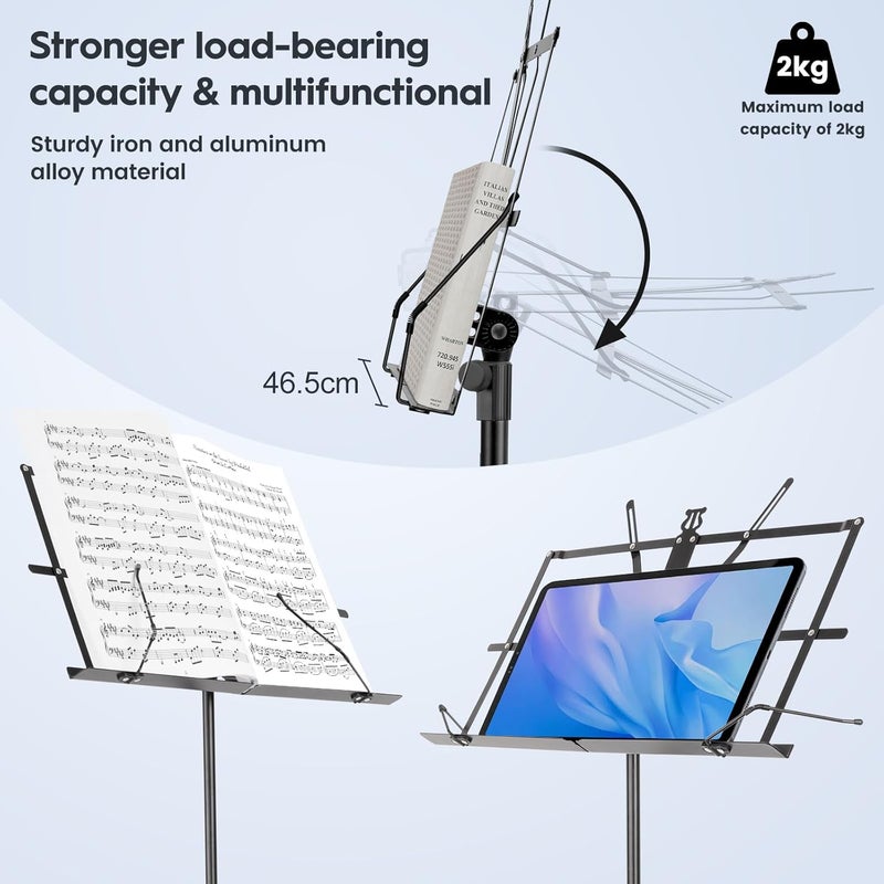 NewBee 2 Pack Music Stand, Foldable & Portable Metal Sheet Music Stand with Carrying Bag, Adjustable Podium Stand with Tripod Base and Sheet Music Folder - Black - Image 4